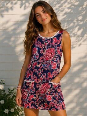 Lilly Pulitzer Sleeveless Shift Dress Navy Pink Paisley Pom Trim size 14